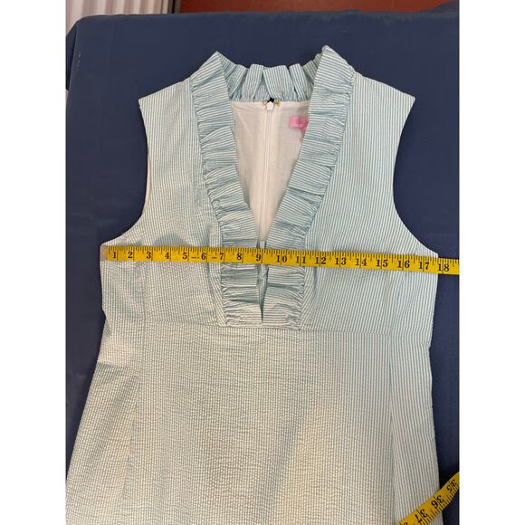 Lilly Pulitzer Sleeveless Ruffle Neck Fine Striped Dress Color Green/White Sz 12 - Picture 9 of 12